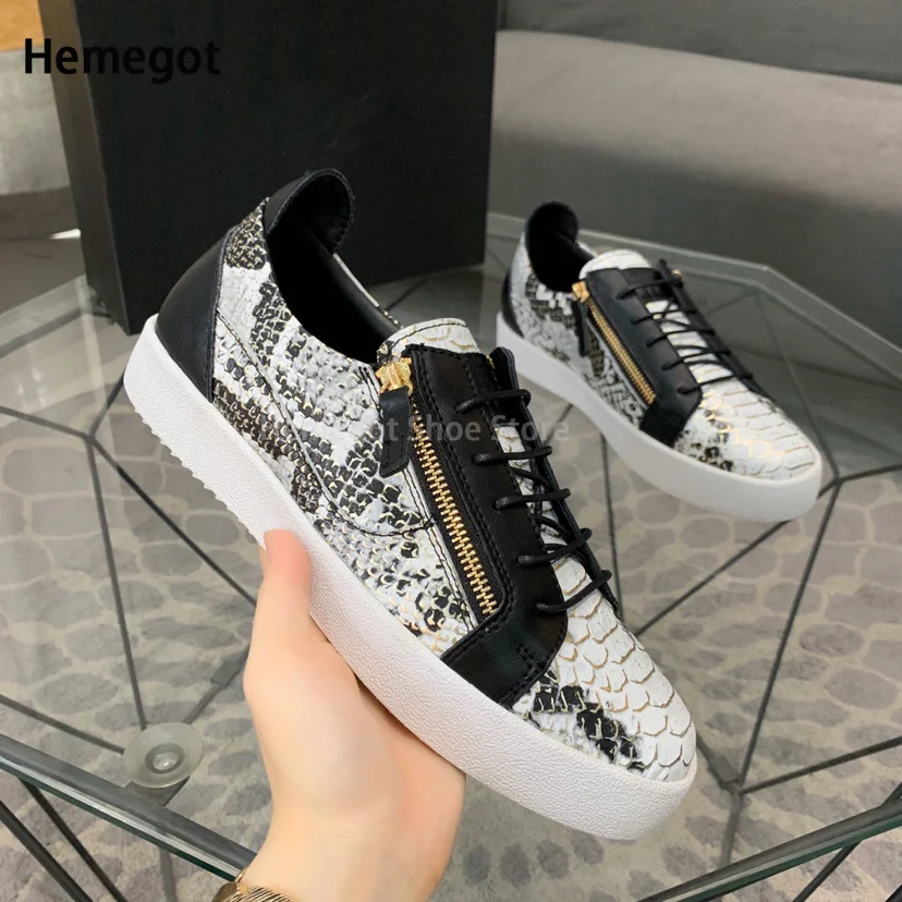 Men\'s Black Round Toe Low Top Sneakers Zipper Lace-Up Shoes Gold Iron Shoes Breathable Head Layer Cowhide Leather Board Shoes