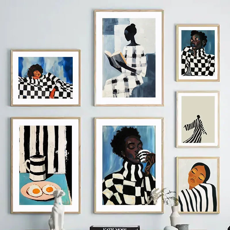 Black Striped Grid Girl Book Coffee Egg Abstract Posters Wall Art Canvas Print Painting Hotel Bar Pictures For Living Room Decor