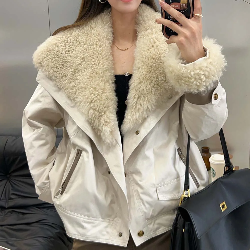 معاطف نسائية موضة خريف وشتاء 2025 سترة فضفاضة غير رسمية جديدة من صوف الضأن معطف سميك دافئ للسيدات من أوزة أسفل #6