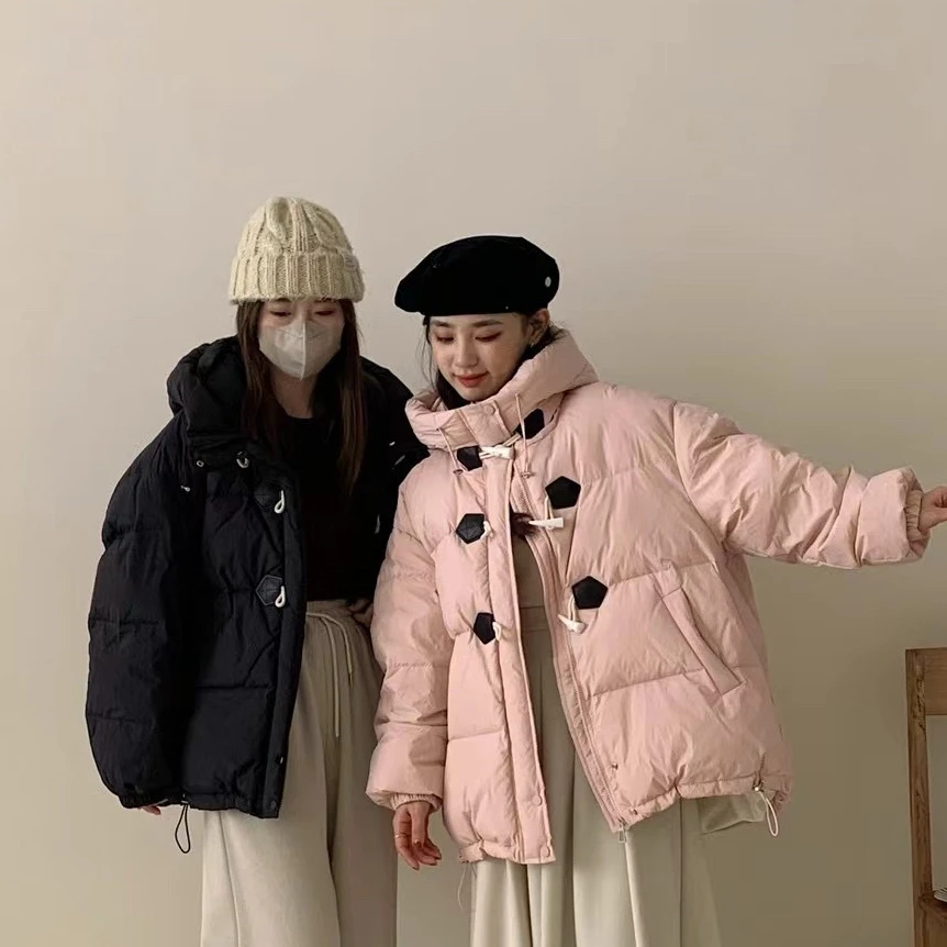 New Fashion Horn Buckle Thickening Padded Parka Winter Korean Version Loose Bread Clothes Women Jacket Down Cotton Coat