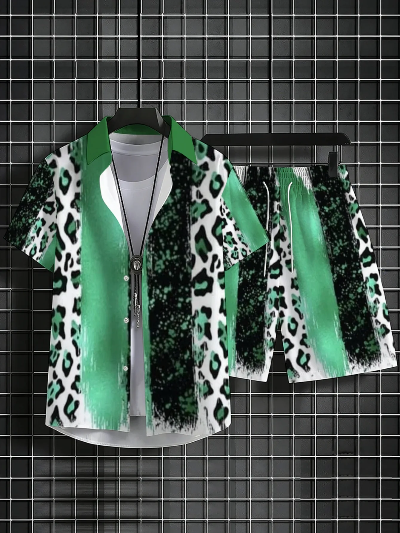 Men Green Leopard Print Two Piece Outfit Short Sleeve Shirt Elastic Waist Shorts Summer Beach Suit