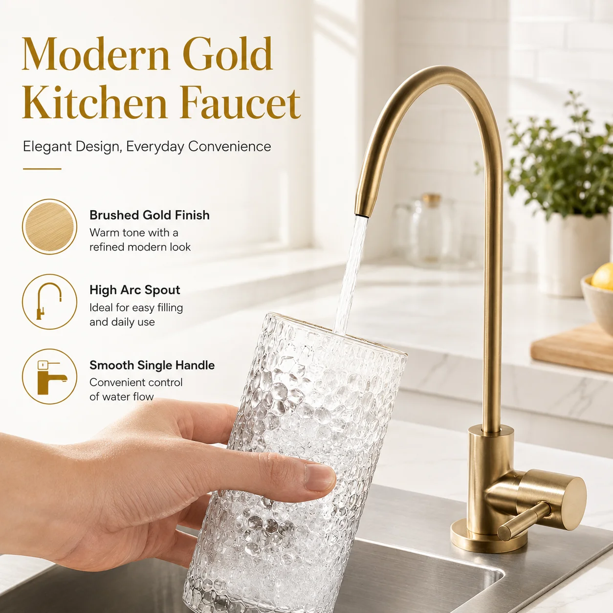 Brushed Gold Filtered Water Faucet, High-Arc Gooseneck Single-Handle Kitchen Sink Tap, Countertop-Mounted Dispenser for Home Bar