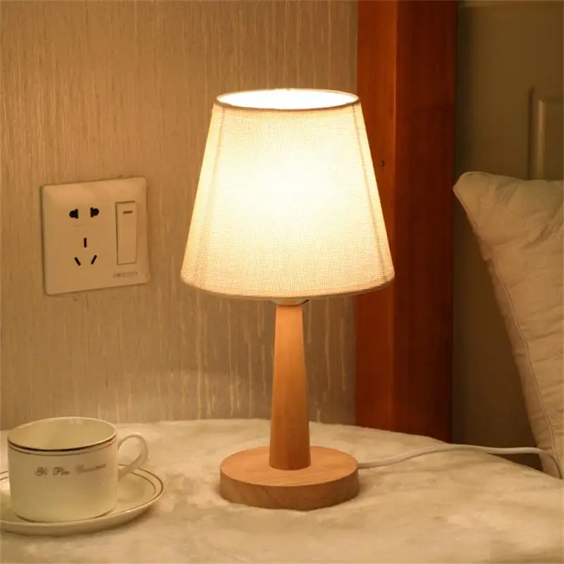 Nordic Wooden Decorative LED Table Lamp Linen Lamp Bedroom Bedside Desk Lamp Shade USB Power Remote Control Dimmable Night Light