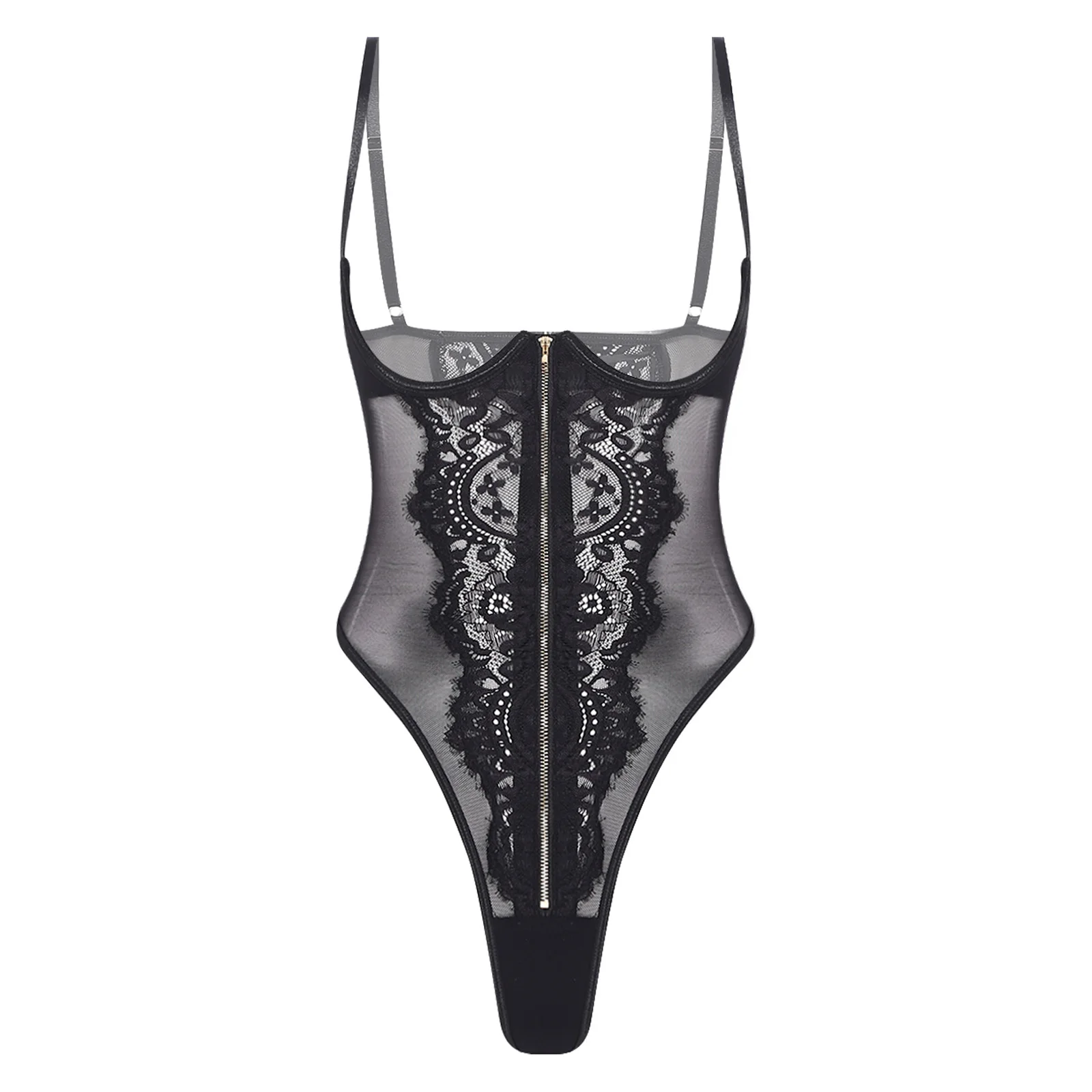 

Womens See Through Floral Lace Bodysuit Lingerie Cutout Cup with Push-up Underwire Front Zipper One-piece Alluring Nightgowns