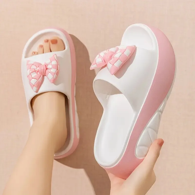 

EVA bow thick bottom plus one word drag women's summer wear fashion high home indoor non-slip muffin cool slippers