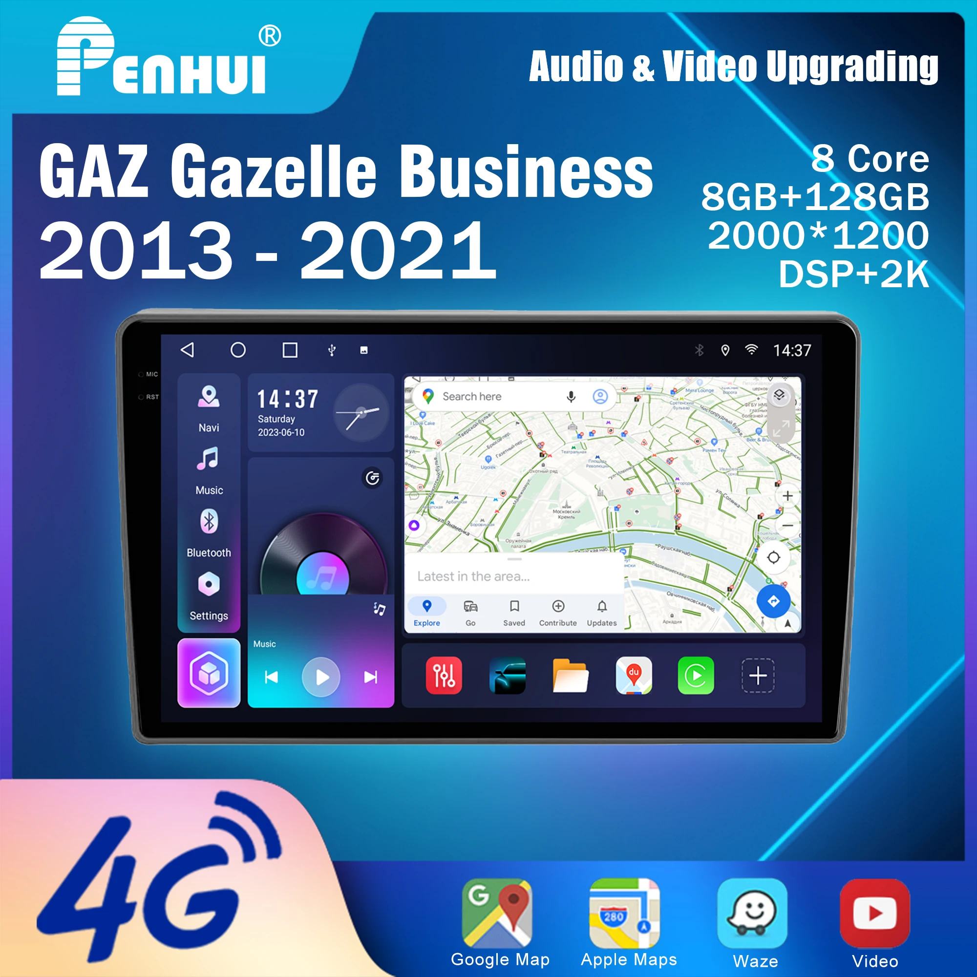 Penhui Android Car DVD Player 2 Din for GAZ Gazelle Business 2013 - 2021 Multimedia Screen with DSP, Bluetooth, Audio & CarPlay