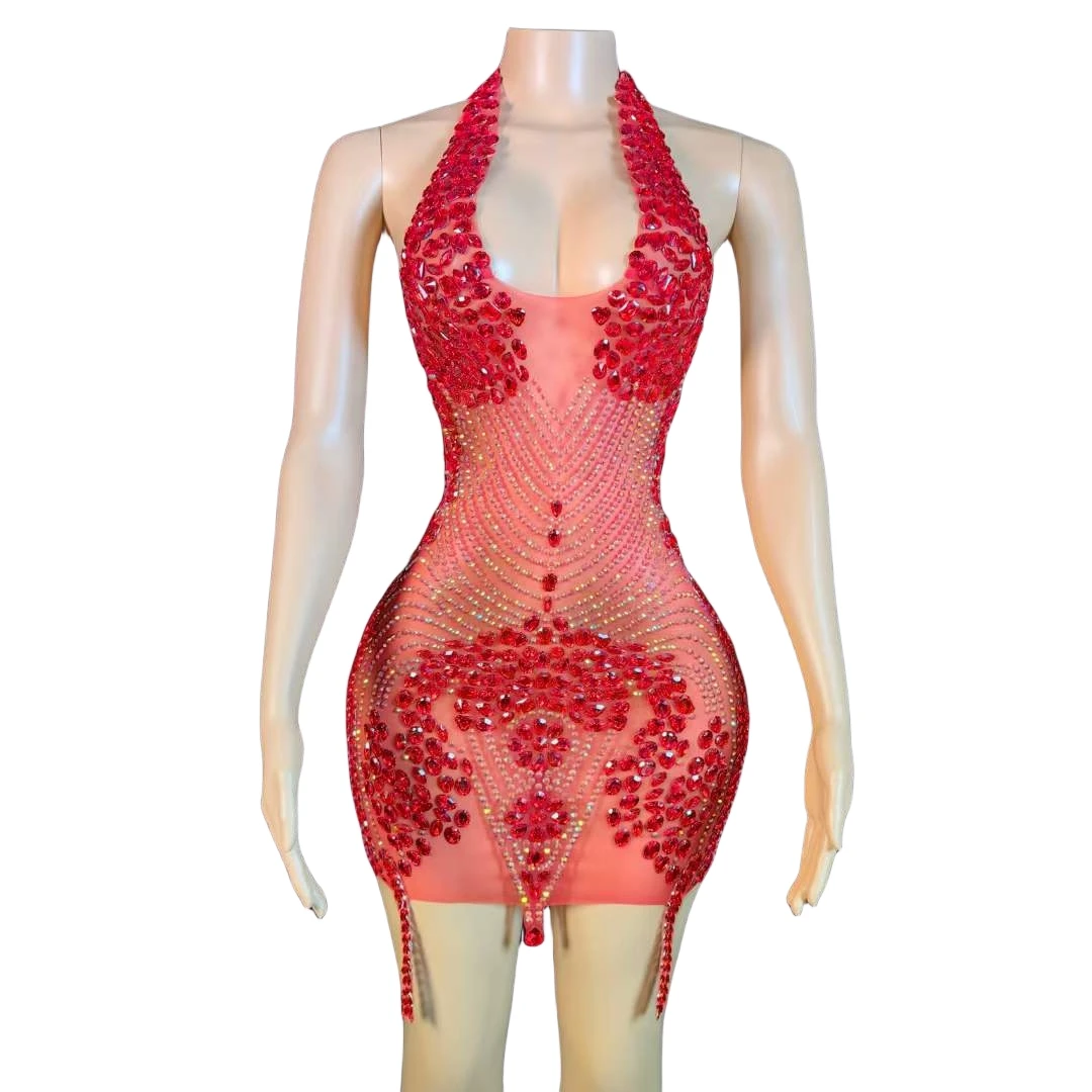 Red Backless Rhinestone Birthday Party Queen Dress Sexy Evening Gogo Dancer Outfits 2025