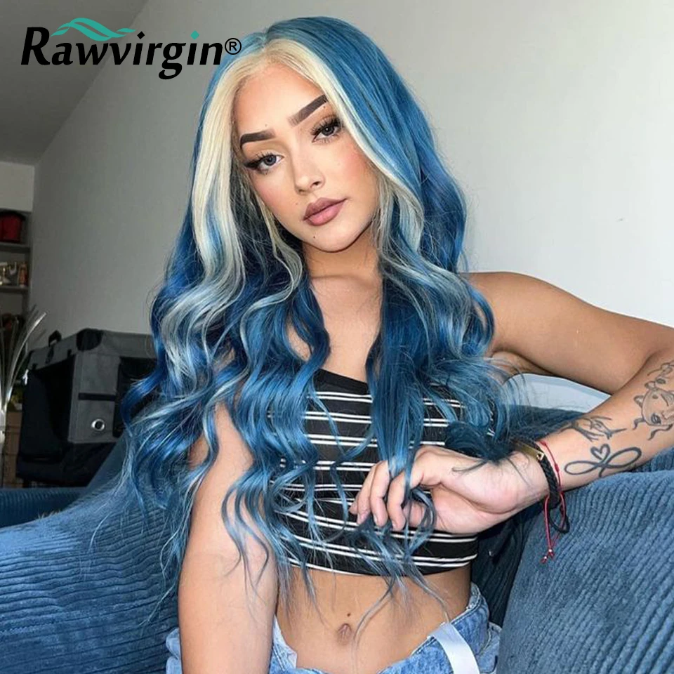 #60 strands Capri Blue T Part Natural Human Hair Wig Body Wave Transparent Lace Cosplay Branzilian Virgin Hair Wig