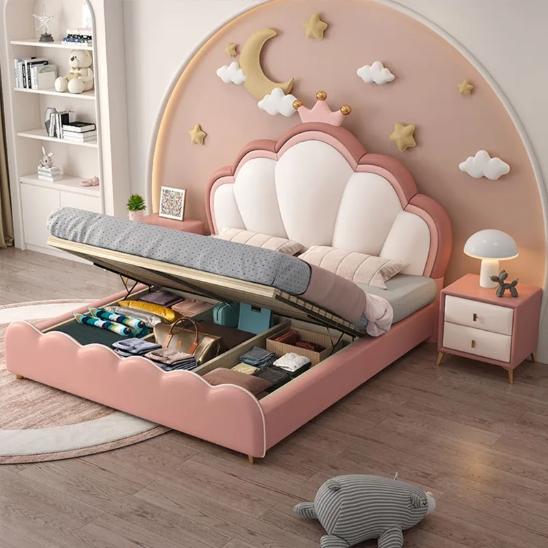 Pink Crown Princess Kids Bed, Solid Wood Frame Leather Upholstered Children Bed for Girls Modern Bedroom Home Furniture
