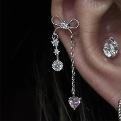 1pcs Bowknot Heart Long Pendant 316L Stainless Steel Ear Bone Nail for Women Silver Color Cochlear Nail Earring Y2K Punk Jewelry