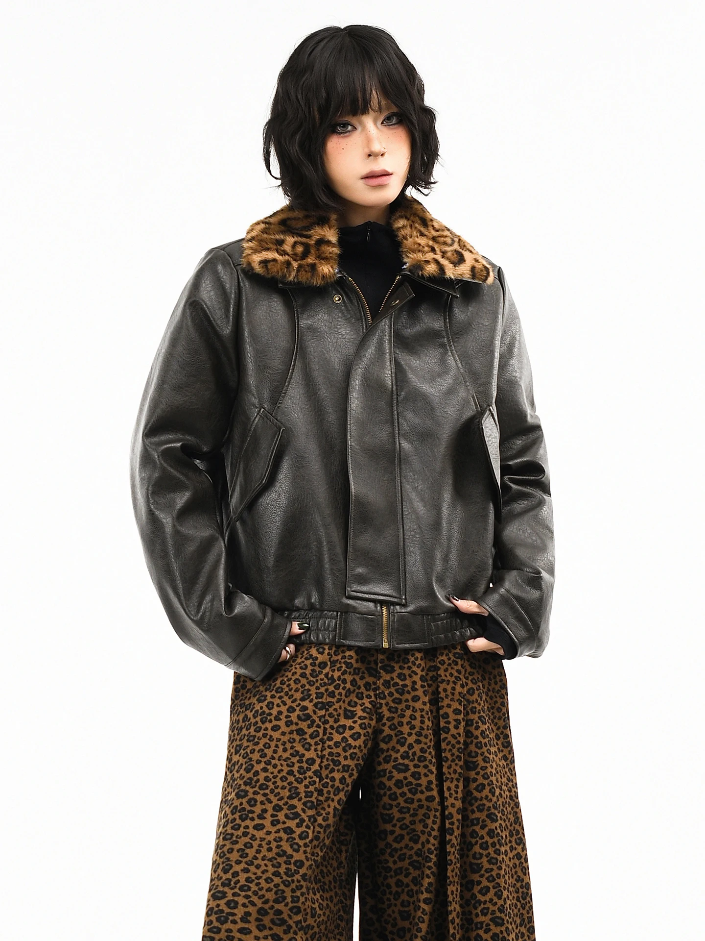 

Оригинальная американская куртка OV с леопардовым принтом, съемным меховым воротником, из искусственной кожи и хлопка, женская зимняя свободная мотоциклетная куртка из хлопка