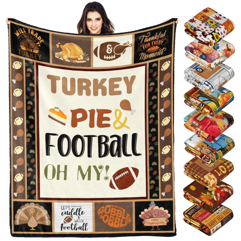 

Thanksgiving Gifts for Kids Adults Home Fall Turkey Pie Football Decoration Bed Sofa Flannel Blanket