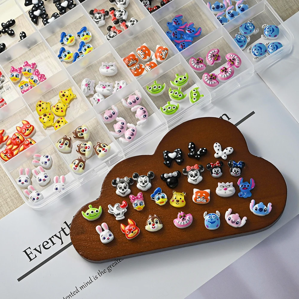

120pcs Mixed Kawaii Cartoon Nail Rhinestone Charms 3D Mickey Minnie Stitch Anime Character Nail Jewelry Polka Dot Bow Nail Decor