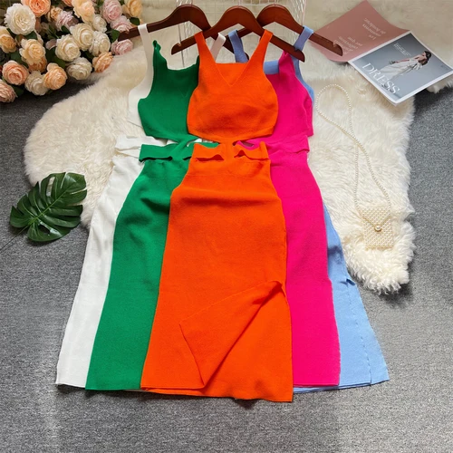 YuooMuoo elegante moda Sexy ahueca hacia fuera la cintura vestido de verano tejido mujeres ajustado elástico ceñido vestido de fiesta ropa de calle trajes de mujer