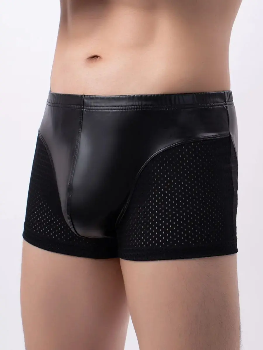 

M-XXL Faux PU Leahter Convex Pouch Men Boxer Briefs Mesh Breathable Sexy Underwear Calzoncillos Boxershorts Ropa Trunks Bokserki