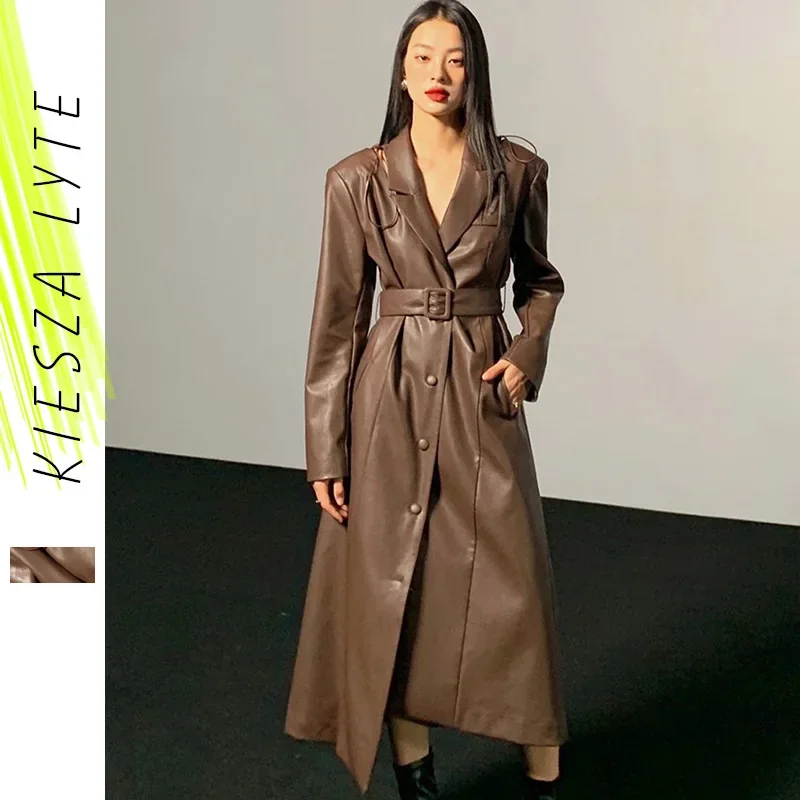 2024 Autumn New Trench Coat for Women French Long Sleeve Belt Leather Coat Elegant Luxury Fashion Outwear Korean Style