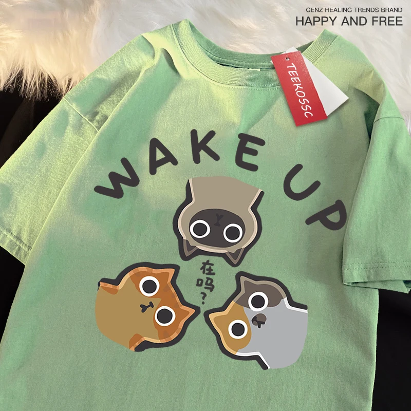 Wecken Sie 3 Zuschauer von Katzen im japanischen Stil Herrenmode Baumwolle T-Shirt Kleidung T-Shirts übergroße Qualität Hemden Mode Rundhals ausschnitt T-Shirt