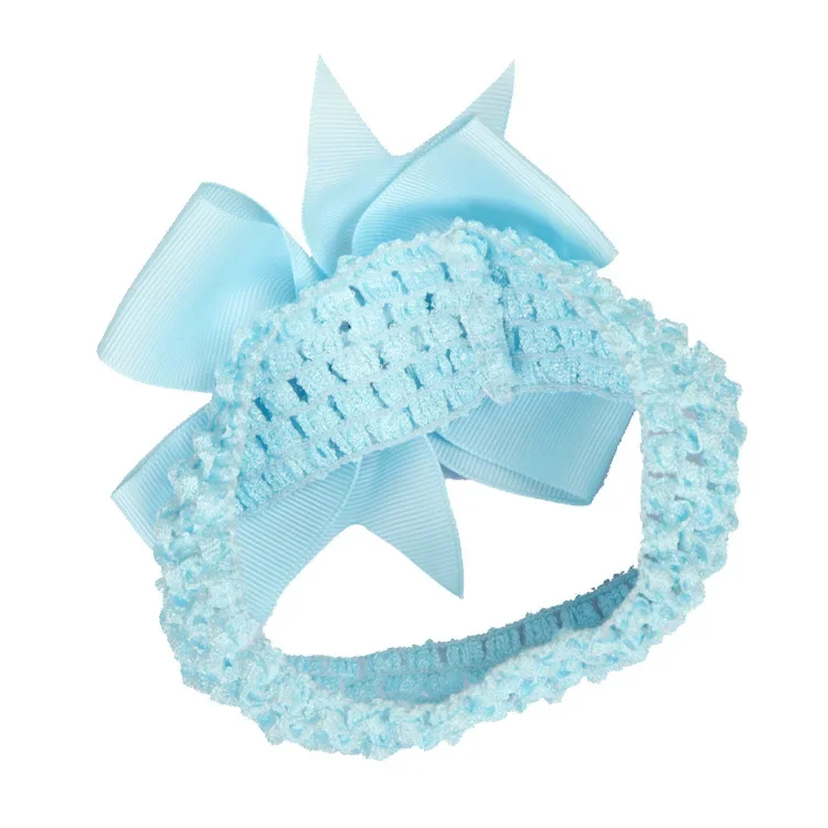 10pcs/lot 8CM Handmade Dovetail Grosgrain Ribbon Bows Infant Headband Solid Color Crochet Elastic Hair Bands Baby Girl Headwear