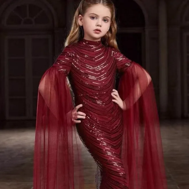 Flower Girl Wedding Dresse Swine Red Princess Dress Fishtail Sequin Gowns High Collar Graduation Prom Evening Gown Customized