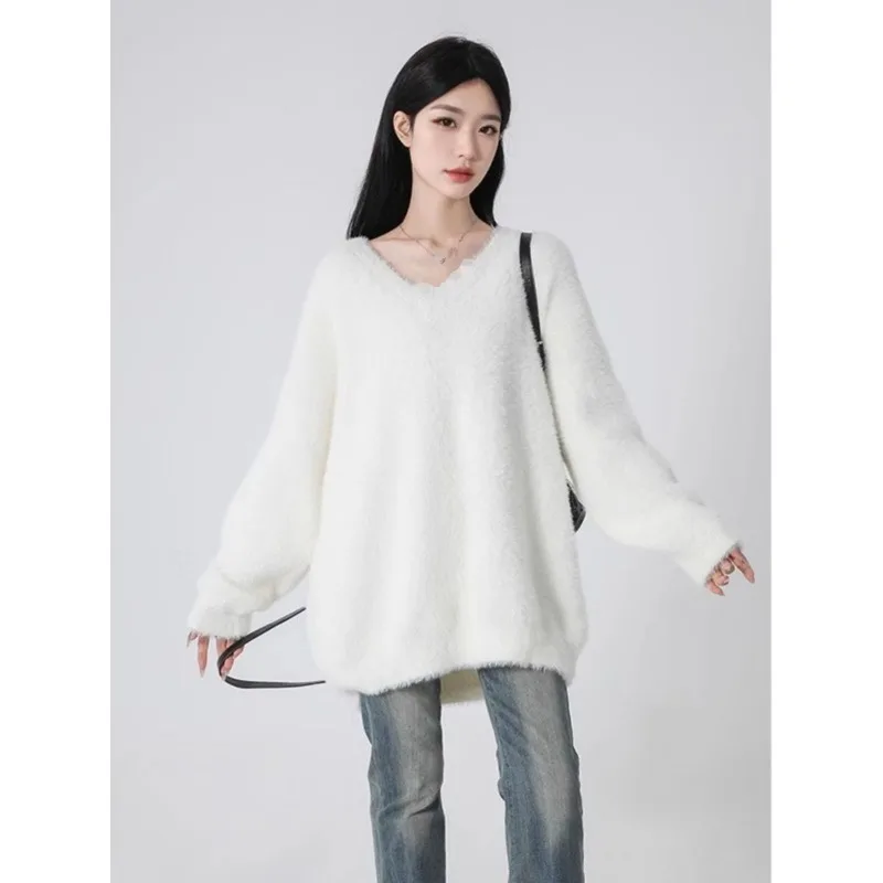 

Белый норковый бархатный свитер с v-образным вырезом, женский пуловер на осень и зиму, новый стиль, свободный ленивый топ с длинными рукавами