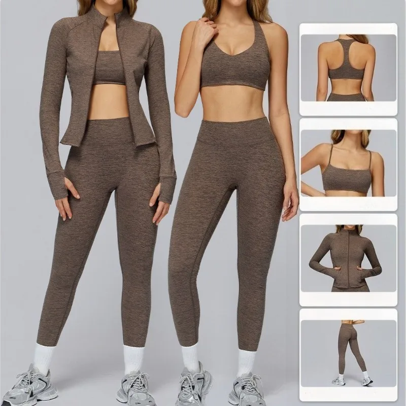 

Women's 3-Piece Yoga Set Fitness Sports Bra Tights Coat High-Waisted Pants Gym Running Workout Suit