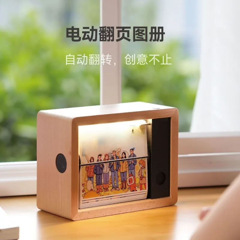Electric flip solid wood album ornament, supports 32 photo customization, suitable for couples/parent-child/pet commemorations