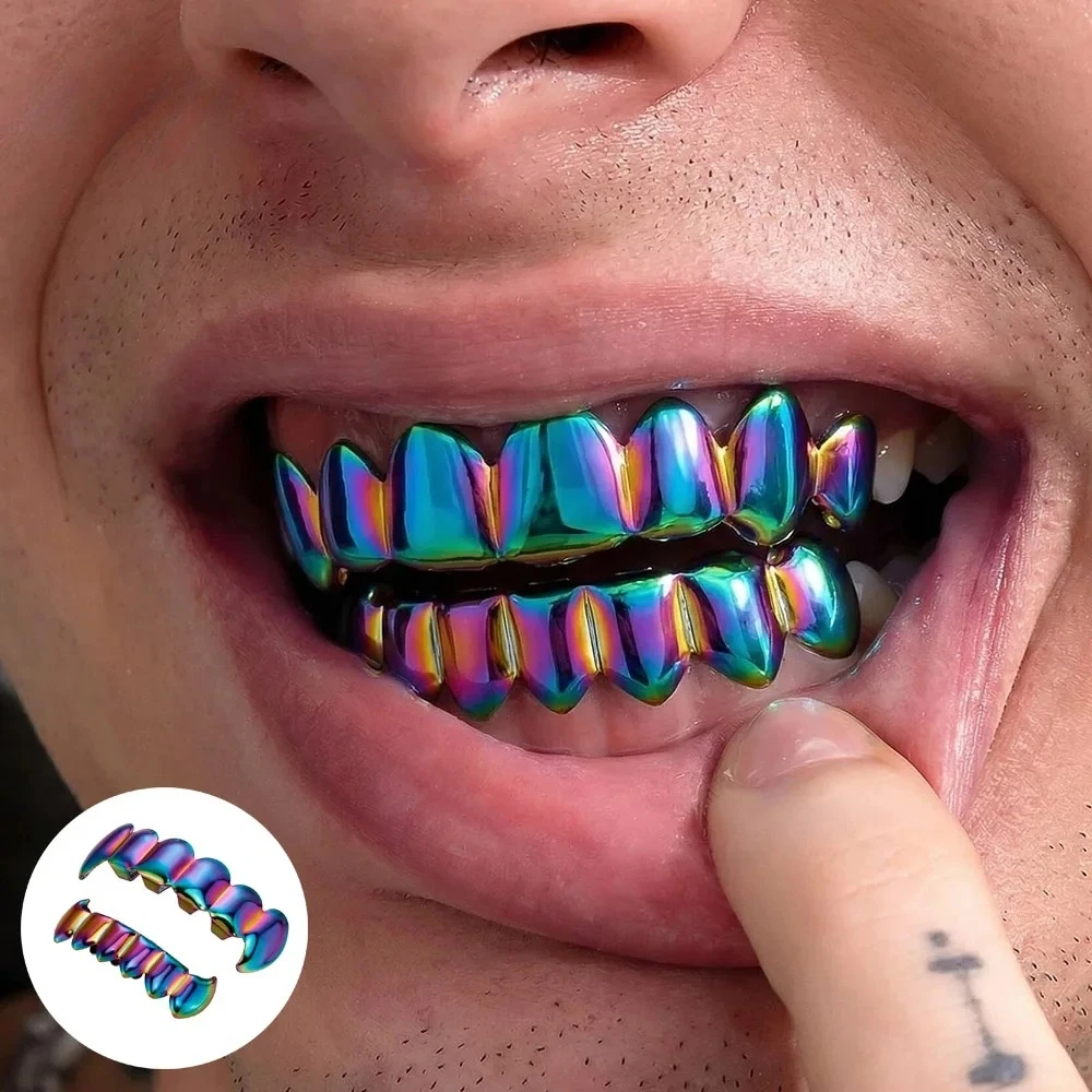 Rainbow Color Hip Hop Grillz Set 6-8 Teeth Smooth Surface Quenched Men Women Top & Bottom Shinny Punk Rapper Jewelry Accessory