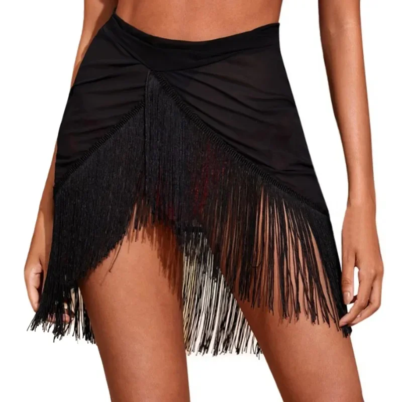 Irregular Latin Dance Skirt Female Adult Latin Practice Clothing Samba Rumba Cha Cha Tap Dancing Show Black Tassel Skirts