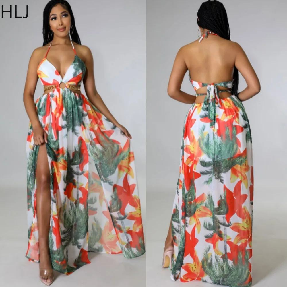 

HLJ Fashion Printing Slit Large Skirt Hem Suspenders Dress Women Deep V Halter Backless Lace Up Vestidos Summer Holidays Clothes