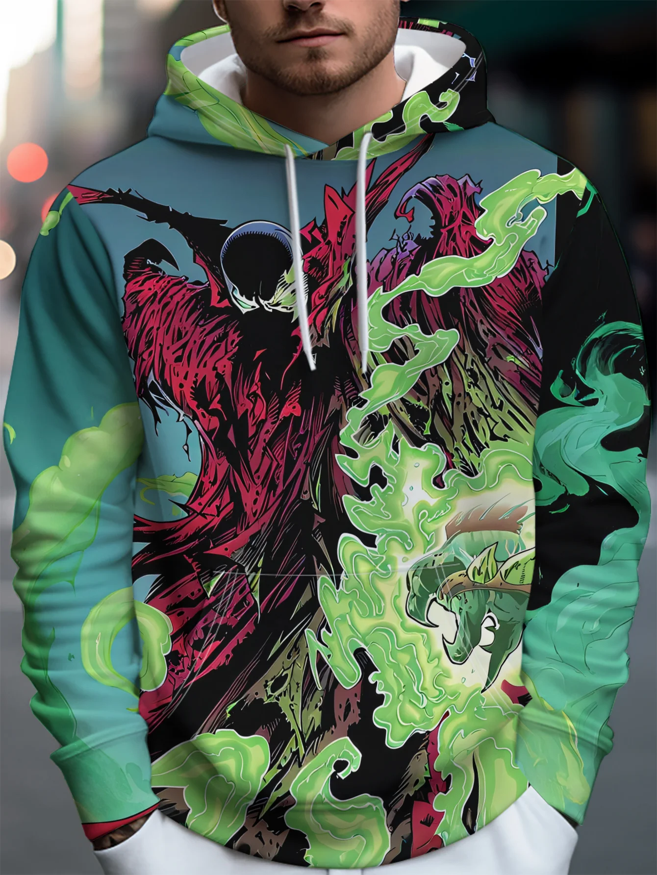 Mens Cyan Contrast Black Hoodie Abstract Alien Symbiote Monster Toxic Slime Splash Graphic Daily Casual Sweat Top