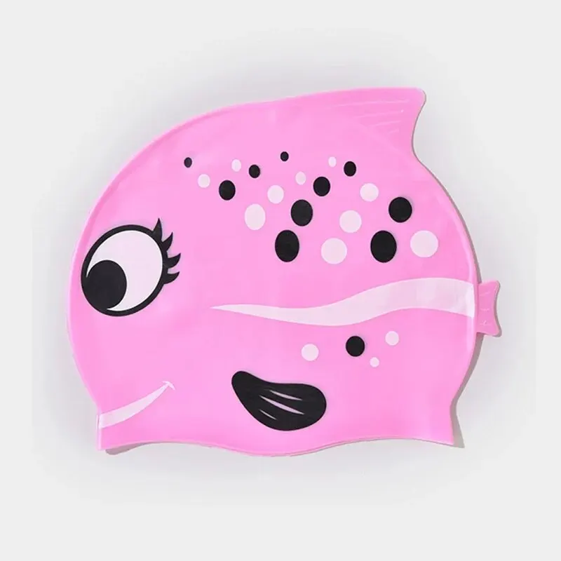 New Children\'s Silicone Waterproof Fashion Cartoon Spot Fish Boys and Girls Comfortable Soft No Cut Head Swimming Cap