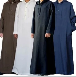 Men's Muslim Robes Saudi Arabia Juba Islamic Kafatan Casual Loose Robe Shirt Solid Color Long Sleeve Hooded Button Pocket Robe