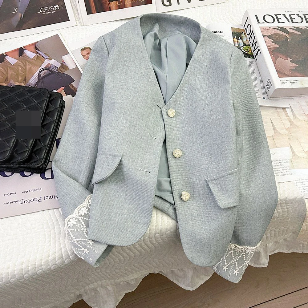 

Blue lace splicing sleeves Korean design short coat women's 2026 spring and autumn new high-end celebrity tops trendy