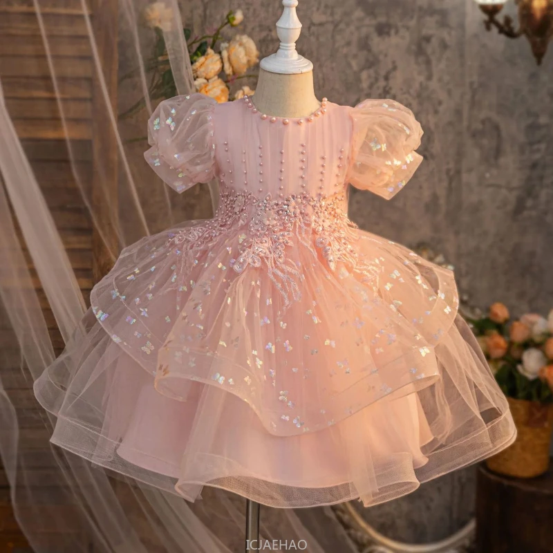 

Christmas Dress Girl Pink Kids Evening Gown Costume Children Stage Dresses Birthday Party Clothes Violin Performance Glitter