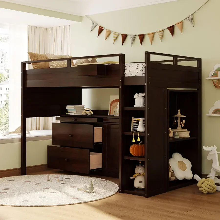 

Modern Design Espresso Loft Bed with Rolling Cabinet and Desk Stable and Safety,Suitable For Children,Youth Bedroom