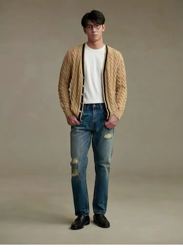 Retro college style design hand-woven twist contrast edge pure cashmere knit cardigan sweater