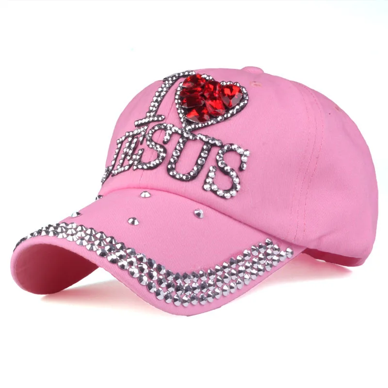 

Wholesale Customize Women's Love Jesus White Stone Bling Baseball Cap Summer Rhinestone Embellished Hat