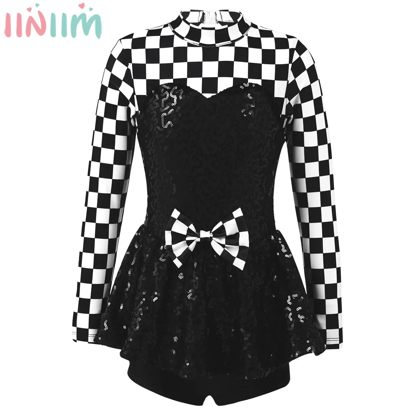 

Kids Girls Halloween Racer Driver Cosplay Costume Long Sleeve Sequin Checkerboard Print Leotard Dress for Carnival Theme Party