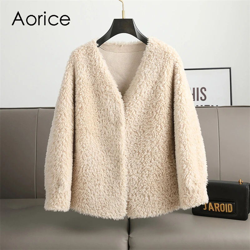 

Aorice Women Real Wool Fur Coat Suit parka New Winter Warm Female Sheep Shearing Jackets Plus Size Overcoats CT1115