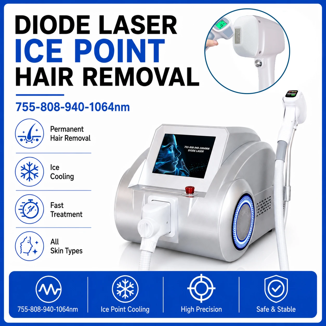 Professional Diode Laser Hair Removal Machine Ice Point Cooling 755 808 940 1064nm NON-INVASIVE  PAINLESS Suitable for All Skin