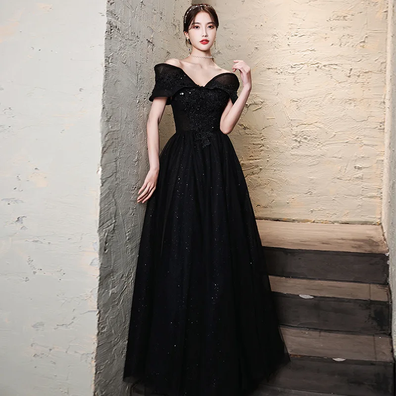 New Black Off Shoulder Evening Dress 2024 High End Banquet Temperament Light Luxury Ceremony One Shoulder Length Dresses