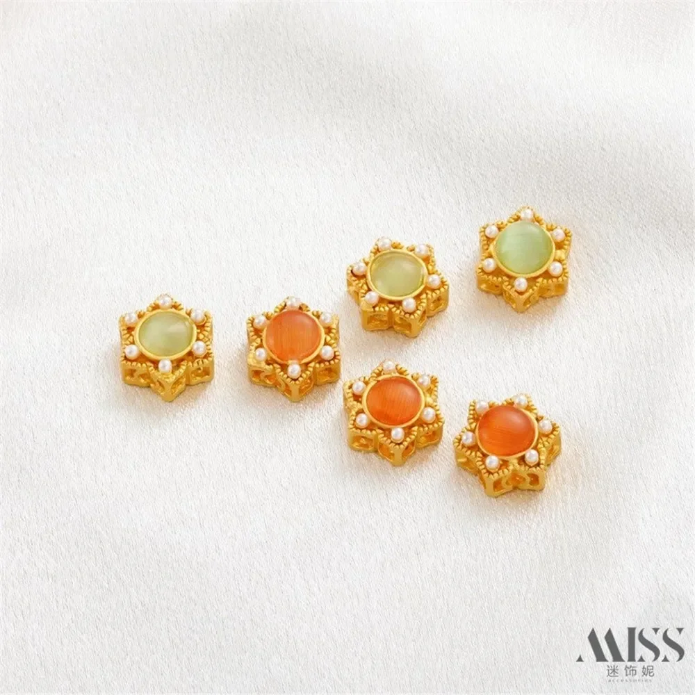 

18K Gold Bag Color-preserving Matte Gold Inlaid with Opal Beads Hexagonal Hexagram Bead Diy Bracelet Jewelry Accessories