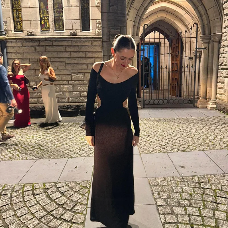 Vrouwen Elegante Backless Parelketting Lange Mouw Maxi Jurk Sexy Party Club Effen Zwart Herfst Vakantie Jurken Uitgesneden Gewaden