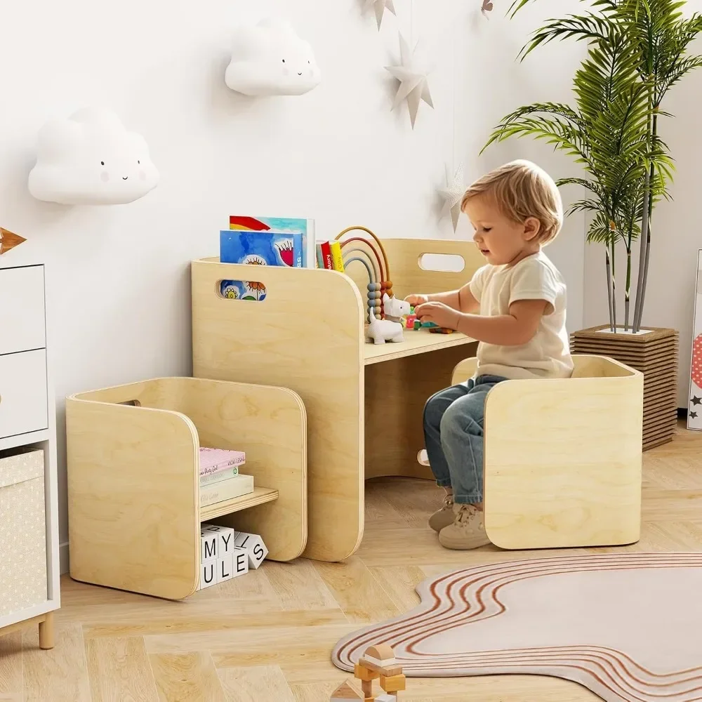 Kindertisch- und Stuhlset, 4-in-1-Aktivitätstisch aus Holz, Bank, Aufbewahrungsregale, Schreibtisch für Kinder beim Lesen, Kunsthandwerk