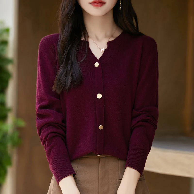 2024 Autumn/Winter New Fashionable Casual Copper Buckle Half Open Collar Knitted Wool Cardigan