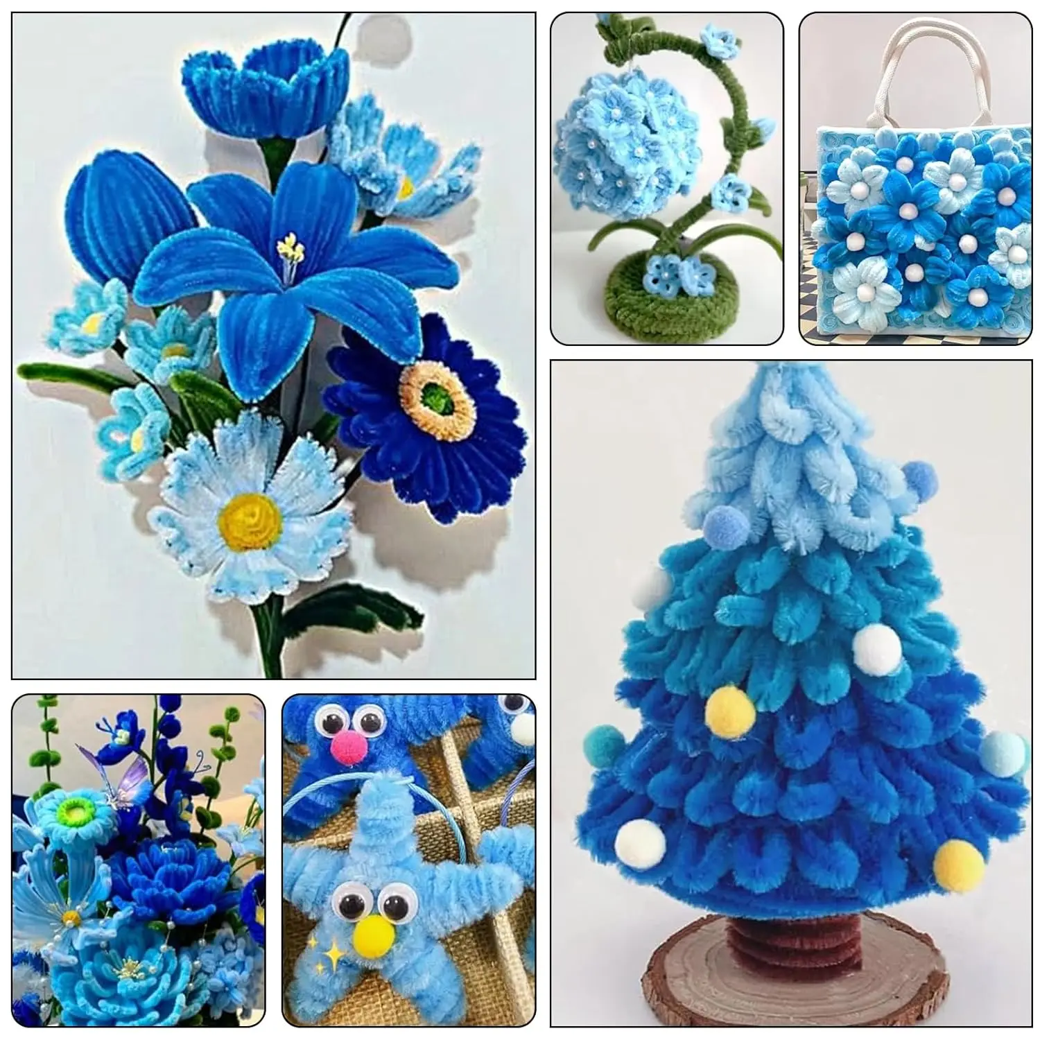 300pcs pipe cleaner set, blue tulip bouquet pipe cleaner, 20 pcs of green rod wire, 150 flower stamens, 2 tapes, for handcrafted view 6