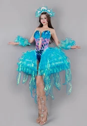 2023 New Mermaid Singer Performance Stage Costume Sexy Sequins Bodysuit Blue Wave Skirt Gogo Dance Clothing Clubwear