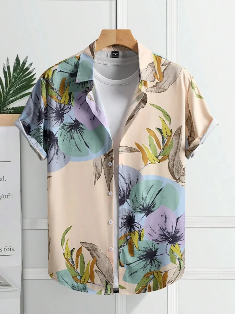 Men Hawaiian Botanical Floral Short Sleeve Lapel Shirts Button up Summer Beach Vacation Tops Men's Fashion Shirt Men's Shirts