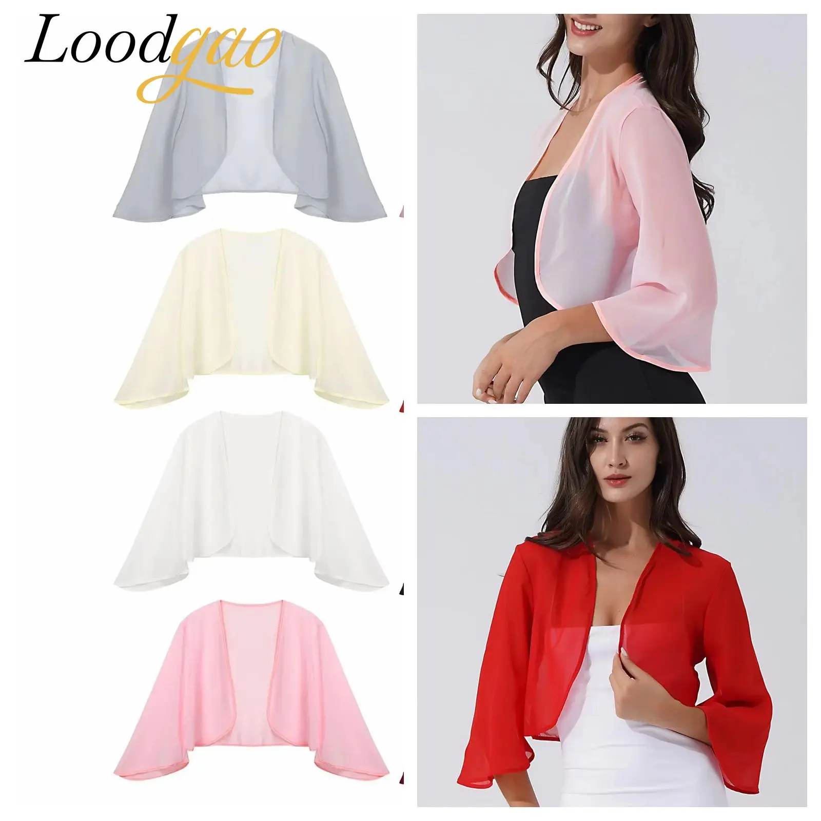 

Women Shawl Evening Cover Up 3/4 Sleeve Solid Color Chiffon Bridal Bolero Open Front Cardigan Sun Protection Shawl Wraps