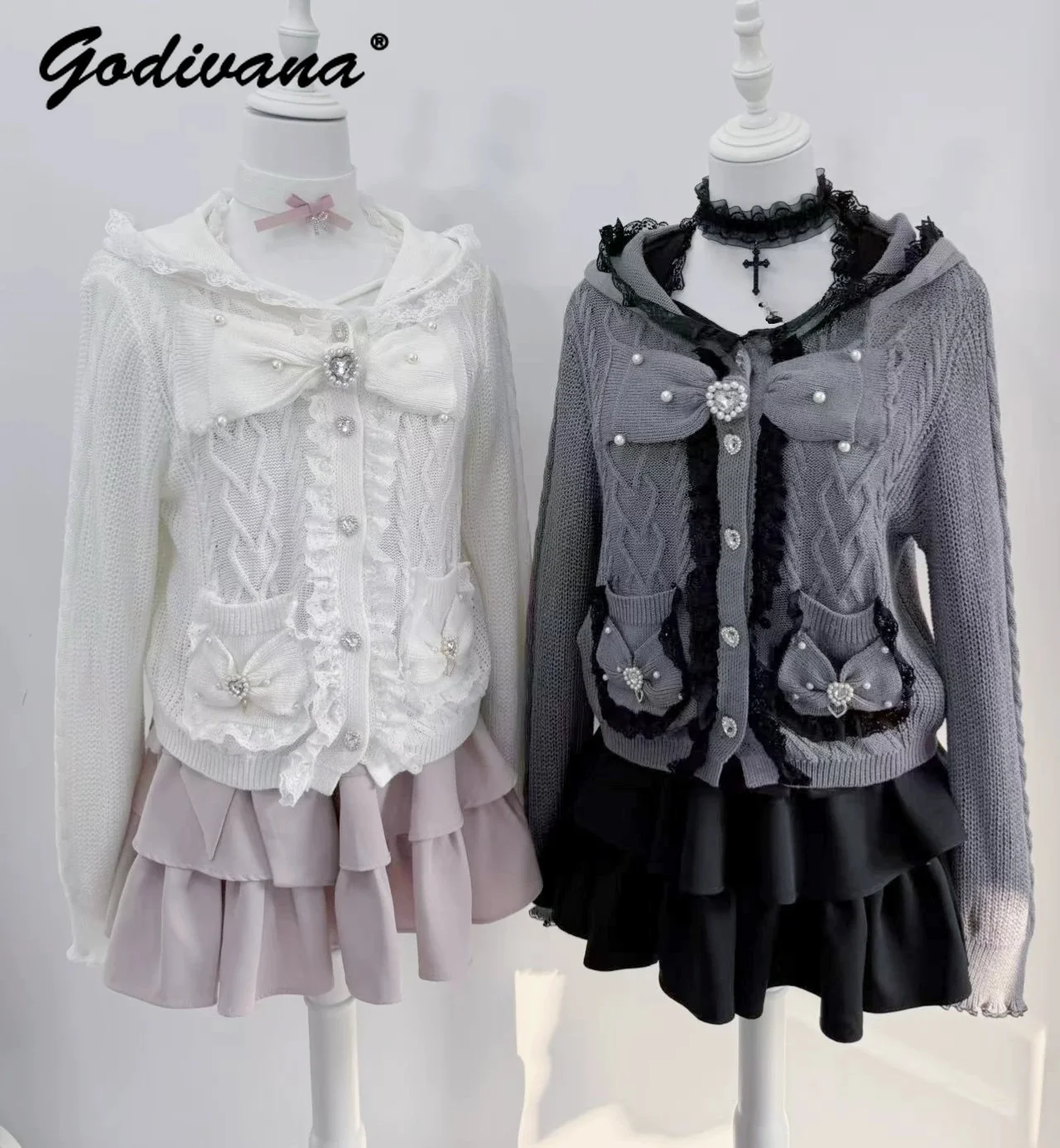 New Autumn Big Bow Choker Collar Cross Knitting Shirt Rhinestone Buckle Beaded Knitted Cardigan Jacket Cake Skirt Lolita Outfits